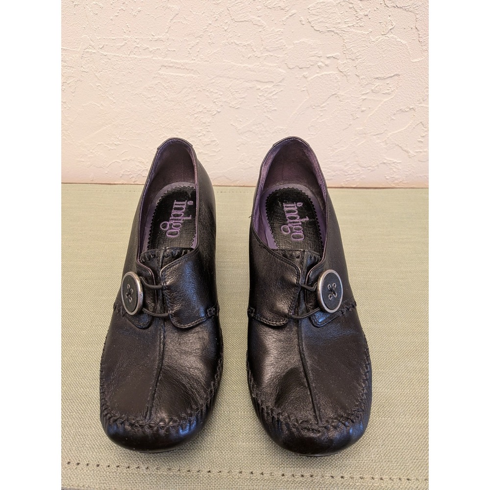 Indigo Women Black Leather Button Detail Block Heel‎ Dress Shoes Size Unknown